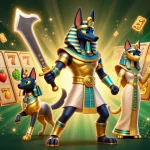Engage with Cổng Game Go88 through thrilling slot adventures, featuring Anubis and Bastet in a vivid casino scene.