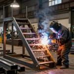 Custom metalwork by a commercial steel company in Vancouver with skilled metalworker welding stairs amidst industrial tools.