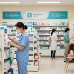 Healthcare worker checking medical supplies inventory in a bright retail store, showcasing essential medical supplies.