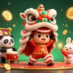 Exciting tg88 scene featuring a lion dance with characters and vibrant casino elements.