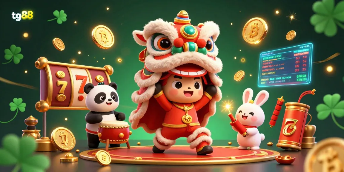 Exciting tg88 scene featuring a lion dance with characters and vibrant casino elements.
