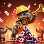 wolfwinner showcases a lively 3D casino scene with a triceratops building poker chip pyramids amidst festive elements.